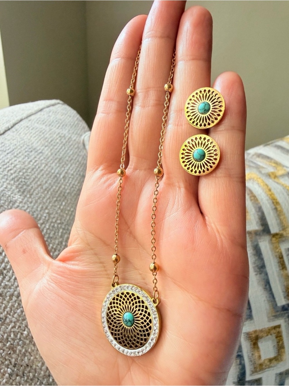 Gold Turquoise Pendant Necklace and Stud Earrings Set - Picture 4 of 4